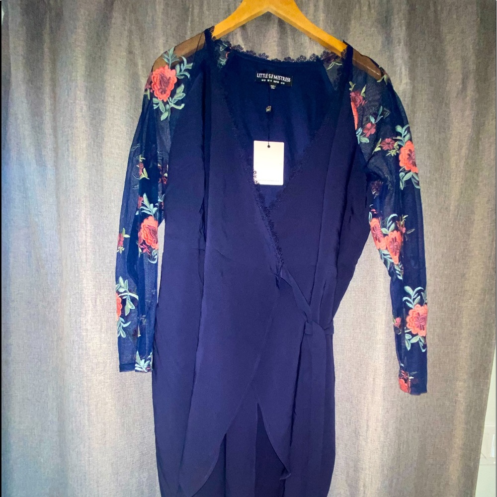 Little Mistress Navy Wrap Dress with Red Floral Mesh Sleeves